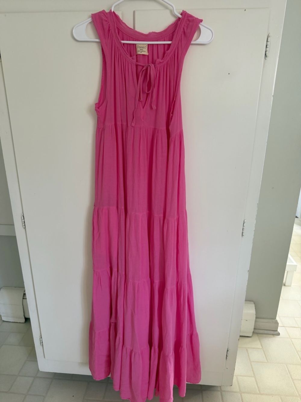 Sleeveless Flowy Pink Tiered Maxi Dress with Tie Neck